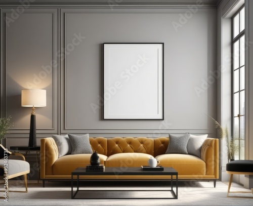 poster frame mock-up on modern living room interior. minimalist fucnitures