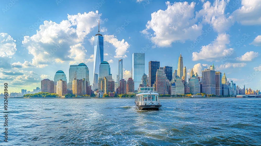 Naklejka premium Ferry Boat Navigating the Hudson River with a Skyline View of Lower Manhattan
