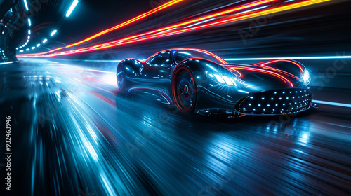 Sleek futuristic car racing through a neon-lit tunnel, with glowing lights and motion blur