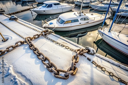 The aerial view of a sailing yacht s anchor and chain laid out on the ground of a boatyard for the winter, marine, moored, maritime, maritime industry, watercraft, maintenance, storage photo