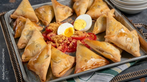 Tray of jachnun slowcooked Yemenite pastry served with grated tomato and a hardboiled egg for a traditional food breakfast photo