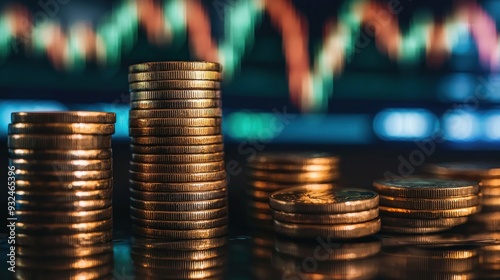 Gold Coins Stacked in Front of a Blurred Stock Market Graph