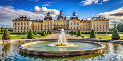 touristic, architecture, A beautiful stock photo of a fountain with forced perspective in front of Drottningholms Slott Royal Palace showcasing its grandeur and architectural beauty photo