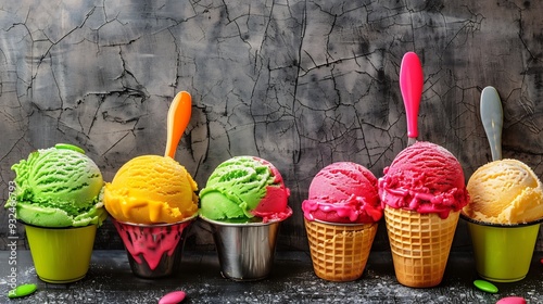 Vibrant dessert scene with colorful dondurma Turkish ice cream served in a traditional cone photo