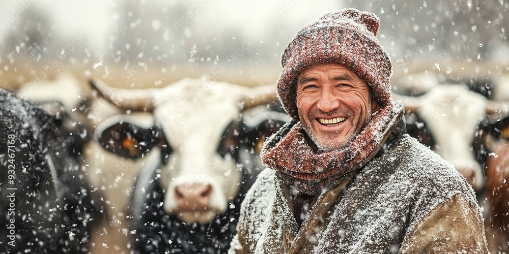 Fototapeta premium A content man in winter clothing smiles amidst a group of cattle during a snowfall, representing a serene farm life