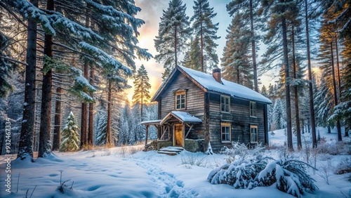 A captivating stock photo depicting an abandoned house standing amidst a serene Scandinavian forest captured from a worm s eye view during the enchanting winter season, cold, enchanting photo