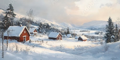 Nordic landscape with traditional houses, winter scene, muted colors, realistic painting