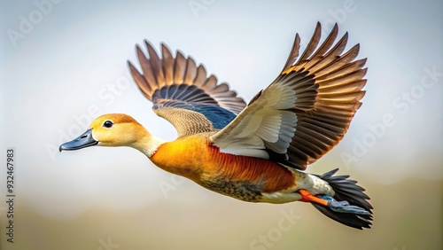 flying, flying away, wings, white background, plumage, lesser whistling duck, aquatic, avian, wetland, feathers, Flying Lesser Whistling duck isolated on white background Depth of Field photo