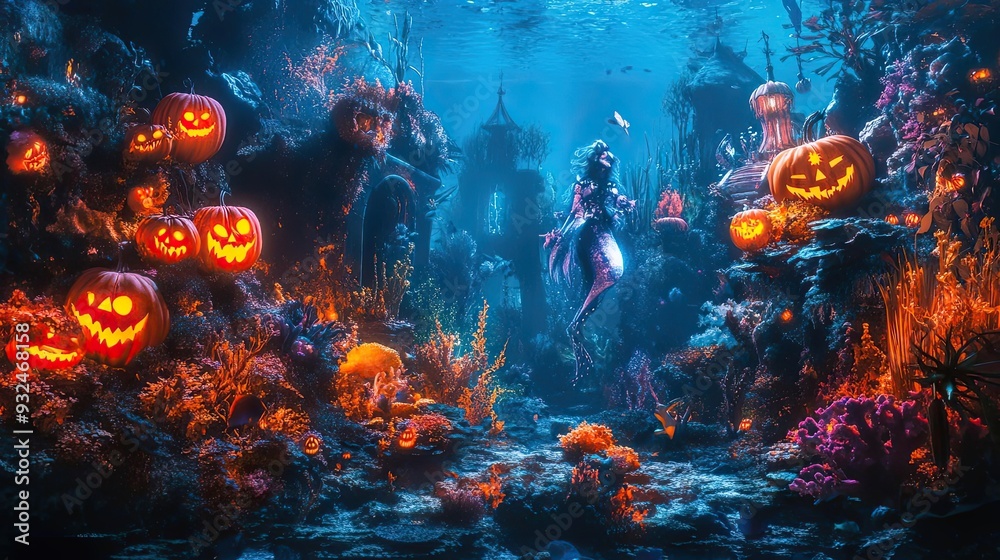 Underwater Halloween Scene with Mermaid and Jack-o-Lanterns Underwater Halloween Scene with Mermaid and Jack-o-Lanterns