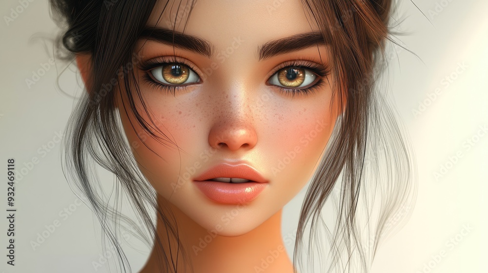 3D Cartoon Portrait of a Pretty Girl with a Beautiful Face and Smooth Skin on a Light Background 3D Cartoon Portrait of a Pretty Girl with a Beautiful Face and Smooth Skin on a Light Background