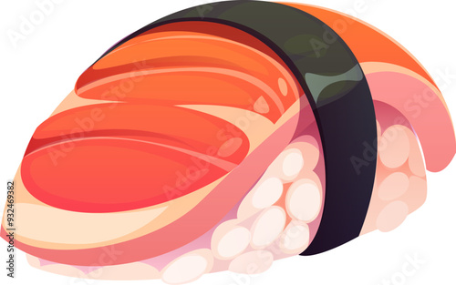 Cartoon japanese nigiri sushi roll featuring fresh salmon fish slice, rice and seaweed wrap. Isolated vector traditional Japan food dish, asian cuisine appetizing meal, gourmet seafood delicacy snack