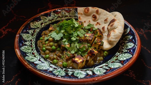 Vibrant plate of matar paneer garnished with fresh coriander and served with warm naan bread photo