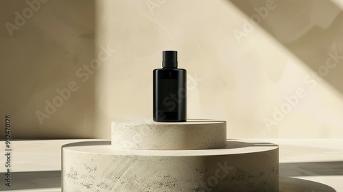 Black Spray Bottle on Concrete Platform with Light and Shadows