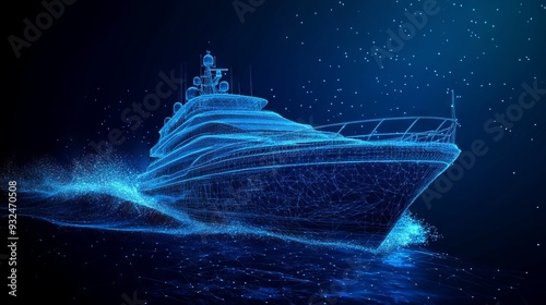 Digital polygonal 3d illustration of yacht in the sea. Yachting sport, sailing, business, travel concept in dark blue. Abstract vector mesh wireframe consisting of lines, dots and flying particles photo