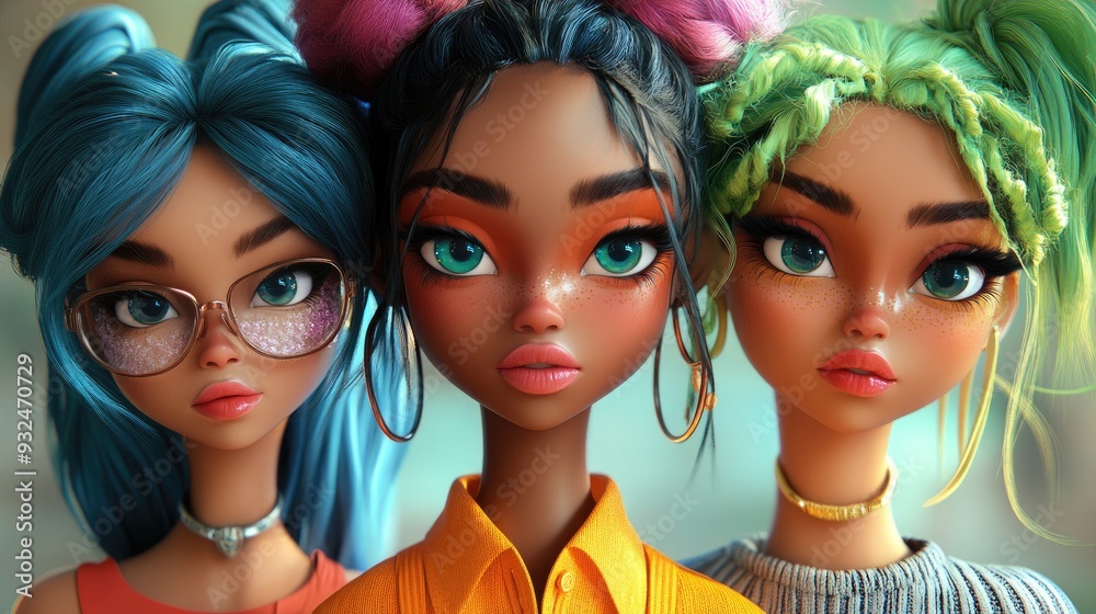 Stylish 3D Cartoon Characters of Young Women with Colorful Makeup Stylish 3D Cartoon Characters of Young Women with Colorful Makeup
