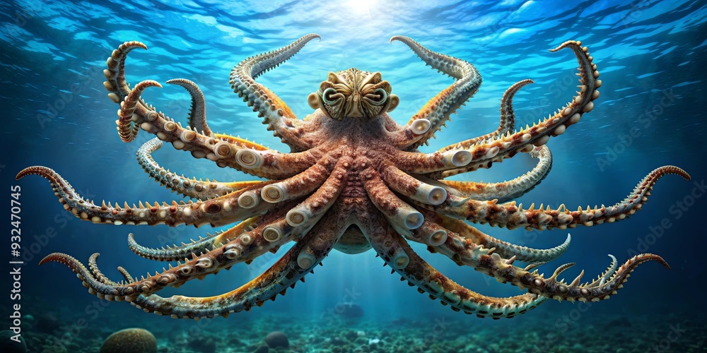 Obraz premium A unique and intelligent marine creature with eight arms , underwater, tentacles, ocean, camouflage, mollusk