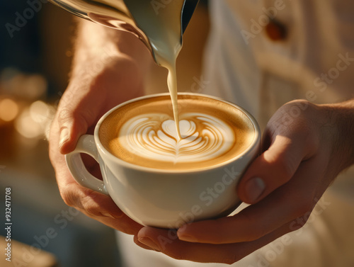 Close-up of a barista's hands pouring cream into a white coffee cup