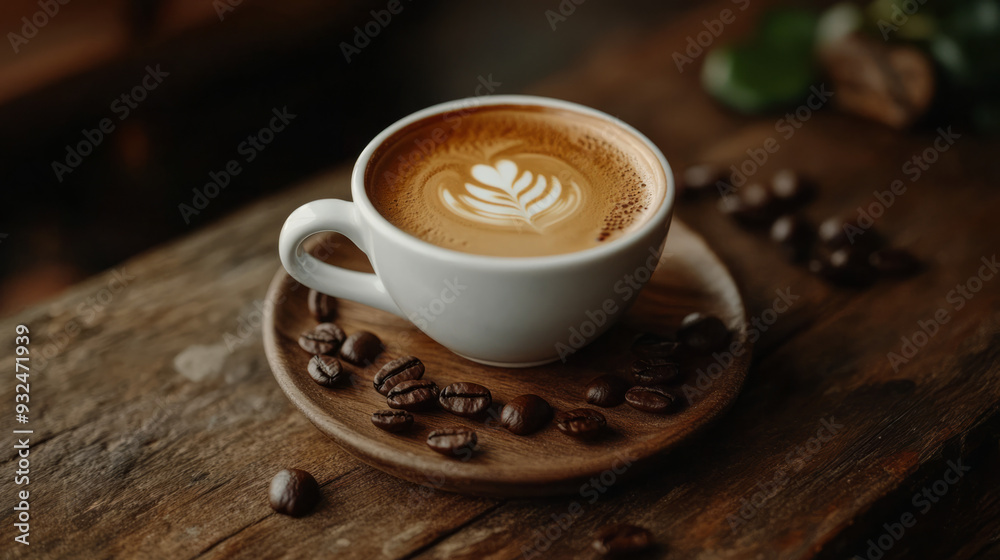 A cup of coffee with latte on a wooden table with coffee beans scattered around A cup of coffee with latte on a wooden table with coffee beans scattered around