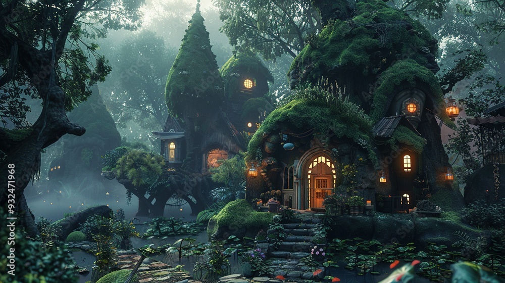 Obraz premium Mystical Treehouse Home in a Foggy Forest