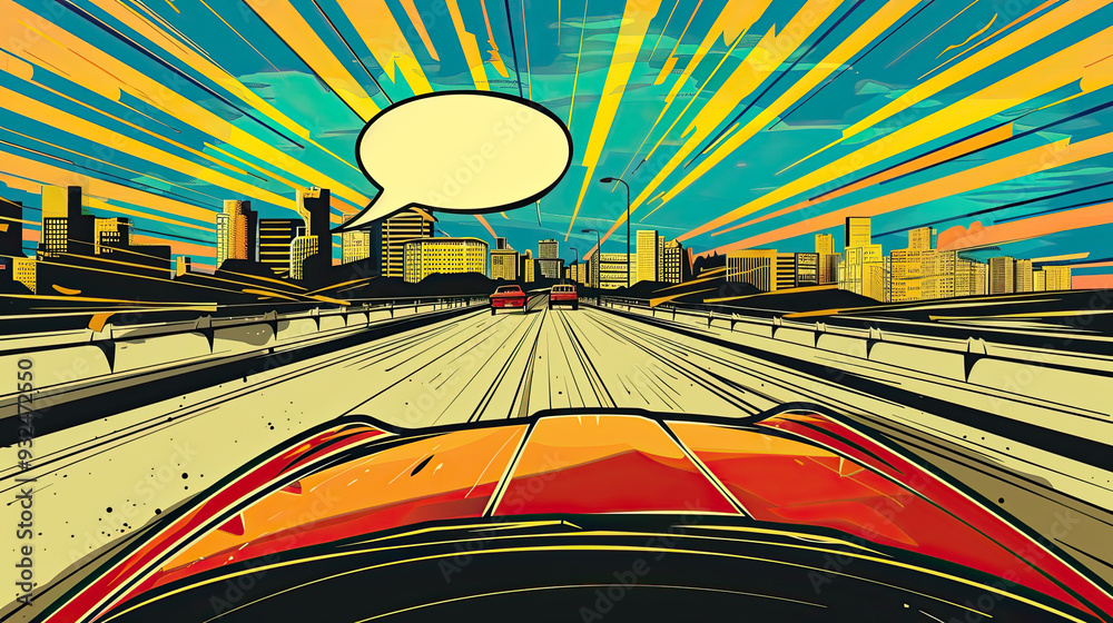 A retro comic scene featuring a car racing on the highway, with dynamic lines and a blank bubble.