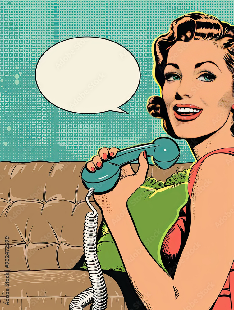 A retro comic panel featuring a smiling woman holding a telephone, with a blank speech bubble.