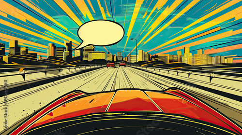 Obraz na płótnie A retro comic scene featuring a car racing on the highway, with dynamic lines and a blank bubble. w salonie