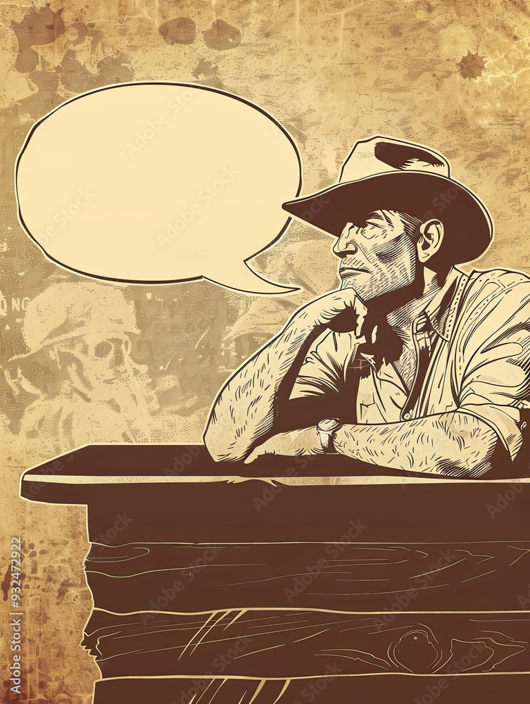 Retro comic panel featuring a cowboy in a western saloon, leaning on a bar with a blank thought bubble.