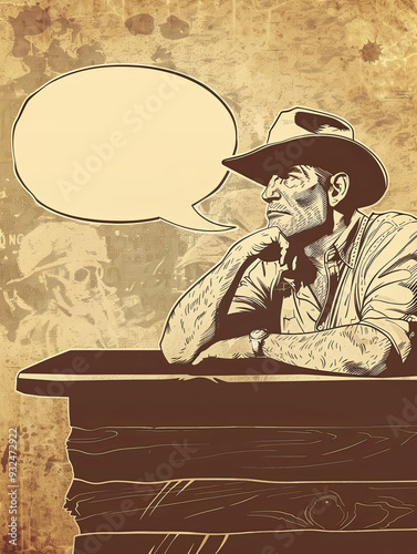 Obraz na płótnie Retro comic panel featuring a cowboy in a western saloon, leaning on a bar with a blank thought bubble. w salonie