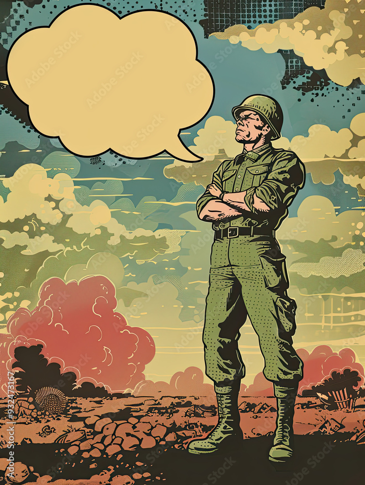 Retro comic panel featuring a soldier with a determined look, standing on a war-torn battlefield with a blank thought bubble.