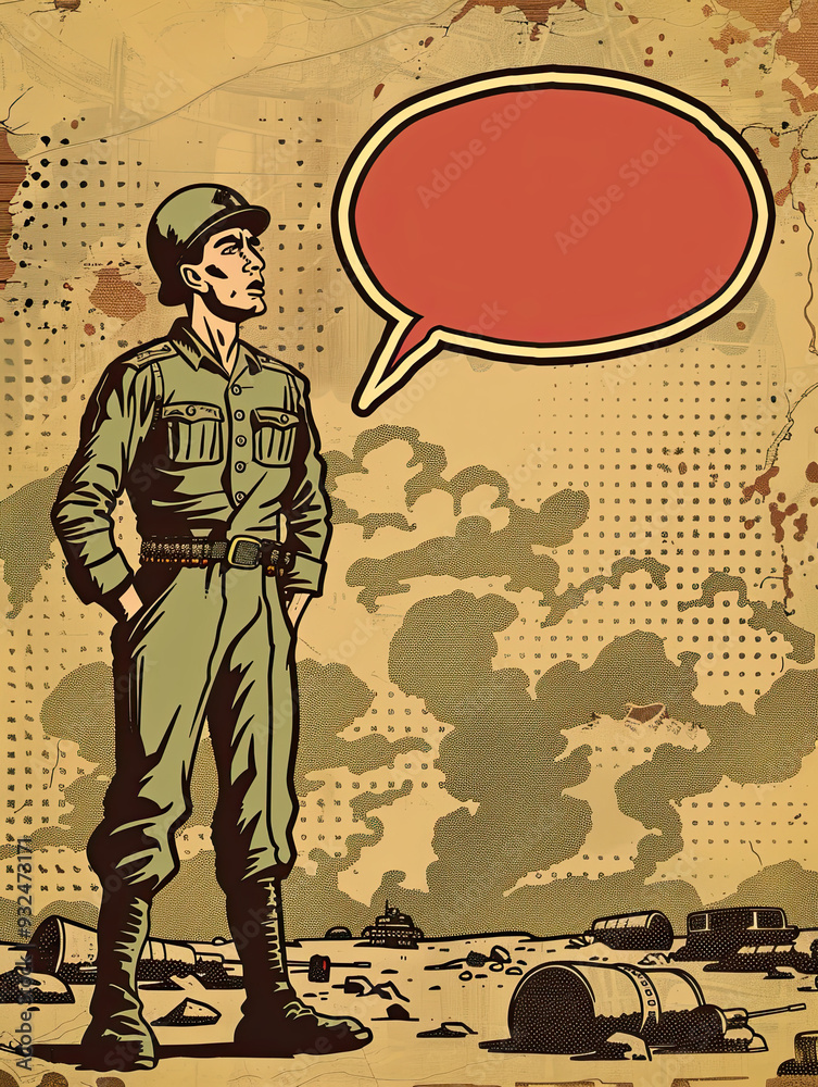 A man in a military uniform stands on a battlefield, gazing ahead with a blank thought bubble in a retro comic scene.