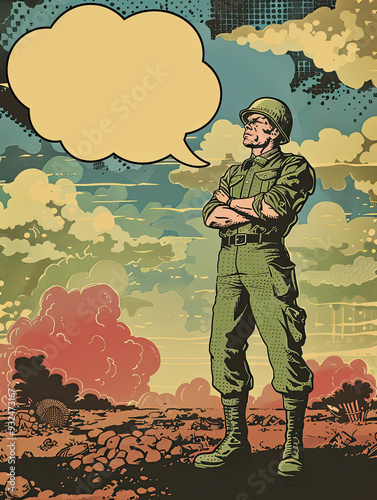 Obraz na płótnie Retro comic panel featuring a soldier with a determined look, standing on a war-torn battlefield with a blank thought bubble. w salonie