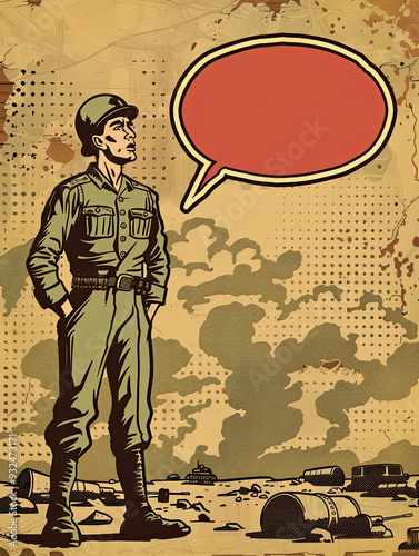 Obraz na płótnie A man in a military uniform stands on a battlefield, gazing ahead with a blank thought bubble in a retro comic scene. w salonie