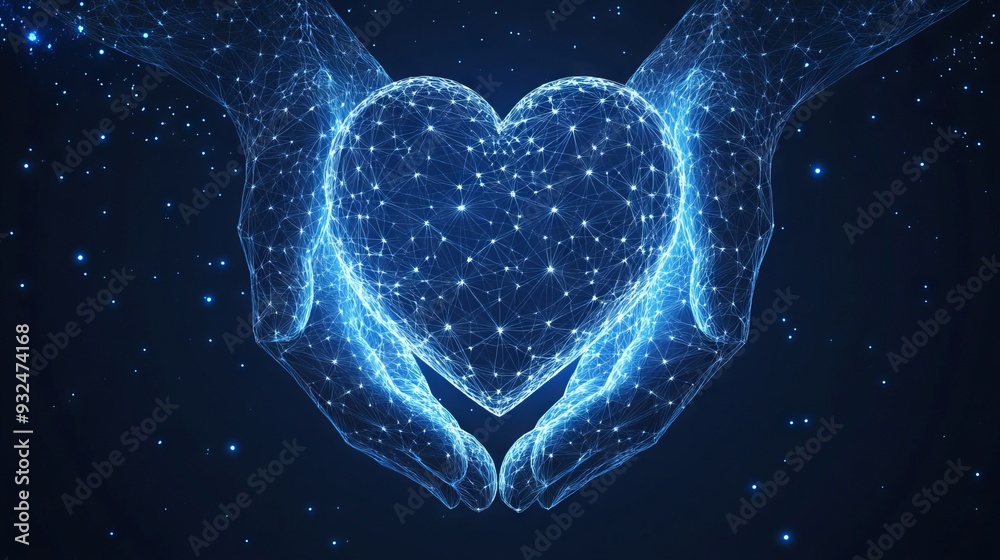 Digital vector 3d human hands holding heart symbol in dark blue. Charity, volunteering, social care concept. Abstract polygonal mesh wireframe with connected dots, lines, shapes looks like starry sky Digital vector 3d human hands holding heart symbol in dark blue. Charity, volunteering, social care concept. Abstract polygonal mesh wireframe with connected dots, lines, shapes looks like starry sky