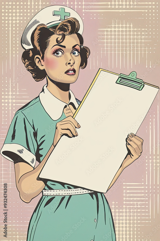 Retro comic panel featuring a nurse with a focused expression, holding a blank clipboard in a hospital setting.