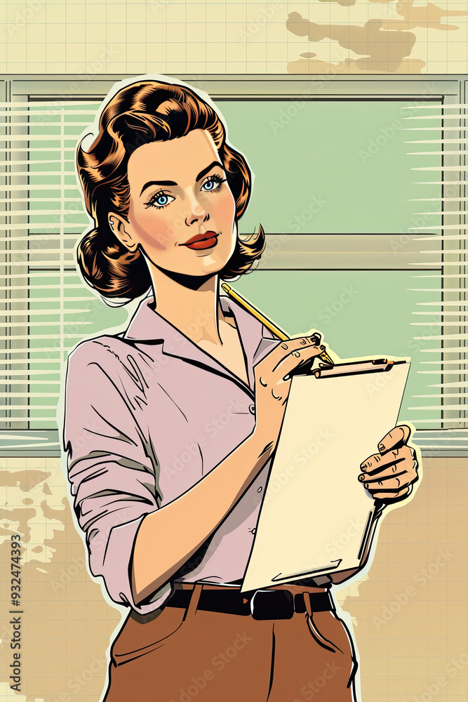 A secretary in a retro comic panel stands with a blank notepad and pen, ready to take notes in a soft-colored office.