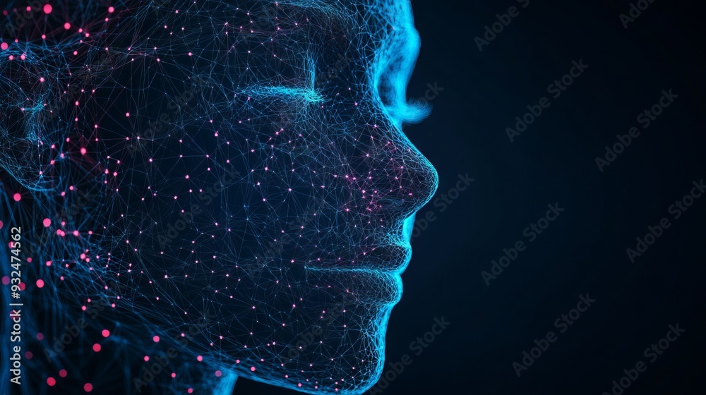 Face recognition low poly wireframe banner vector template. Futuristic computer technology, smart identification system poster polygonal design. Facial scan 3d mesh art with connected dots Face recognition low poly wireframe banner vector template. Futuristic computer technology, smart identification system poster polygonal design. Facial scan 3d mesh art with connected dots