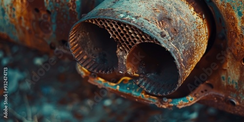 Rusty used catalytic converter removed from a vehicle to transform harmful emissions from engine exhaust photo