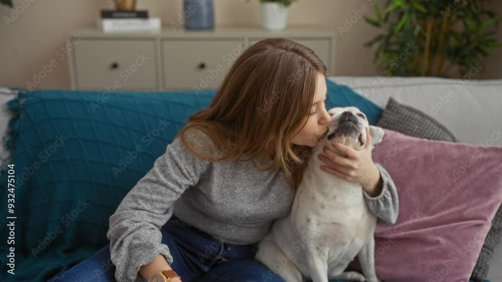 A cheerful blonde woman sitting in a cozy living room at home with her adorable canine pet on the couch. A cheerful blonde woman sitting in a cozy living room at home with her adorable canine pet on the couch.