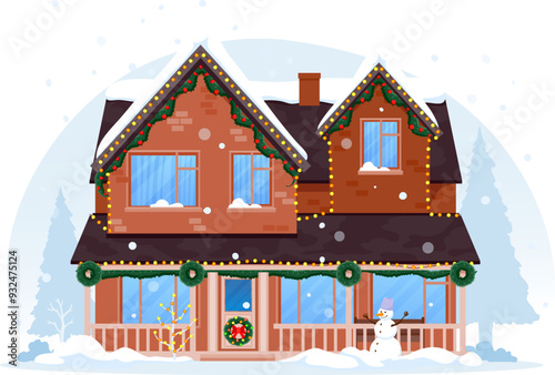 Christmas winter house building exterior with snowy roof. Xmas festive village home snowy facade, Christmas cartoon town cottage outdoor scene or winter holiday house isolated vector exterior