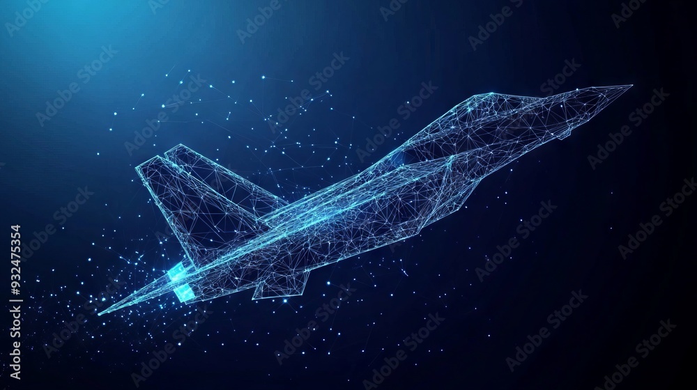 Fighter jet in flight from abstract polygonal points blue. Low poly fighter in motion, lines and connected to form, vector illustration Fighter jet in flight from abstract polygonal points blue. Low poly fighter in motion, lines and connected to form, vector illustration