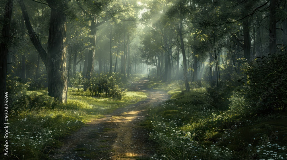 Obraz premium Forest Path in a Foggy Morning