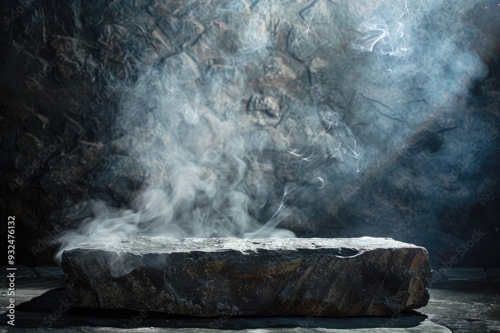 Dark stone podium with smoke for product display , product showcase Dark stone podium with smoke for product display , product showcase