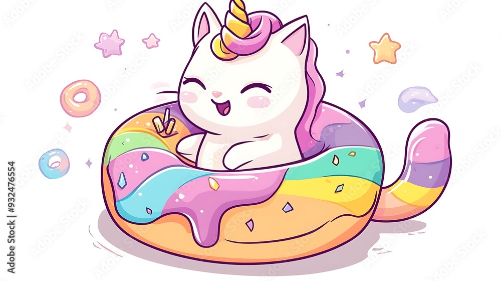 Adorable cartoon unicorn kitty sitting in a rainbow donut with sprinkles, stars and other sweet treats. Adorable cartoon unicorn kitty sitting in a rainbow donut with sprinkles, stars and other sweet treats.
