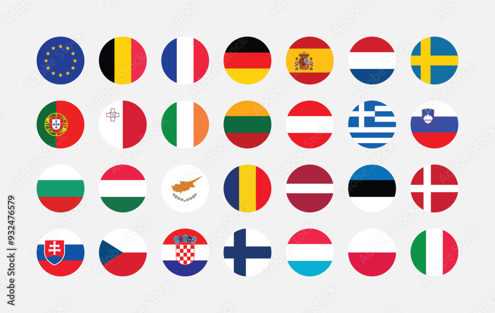 National Flag of All European Union countries. Set of European Union country Round Flag.
