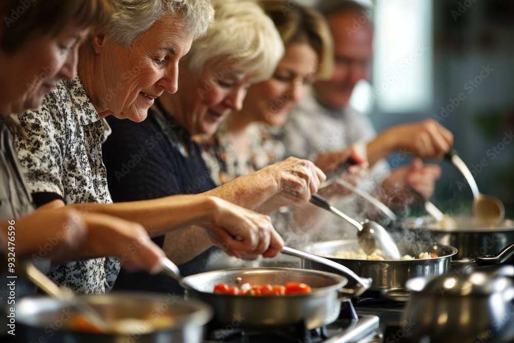 Group of middle-aged friends stirring pots and pans on the stove, engaged in a lively cooking lesson Group of middle-aged friends stirring pots and pans on the stove, engaged in a lively cooking lesson