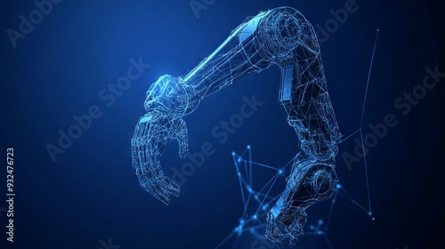 Isolated robotic arm in drak blue background. Industrial technology concept. Abstract polygonal wireframe with lines and dots. Vector sketch drawing. 3d illustration. photo