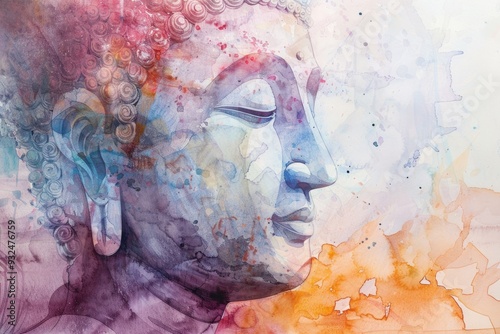 The Buddha's moment of enlightenment, captured in delicate watercolor brush strokes and soft, luminous colors
