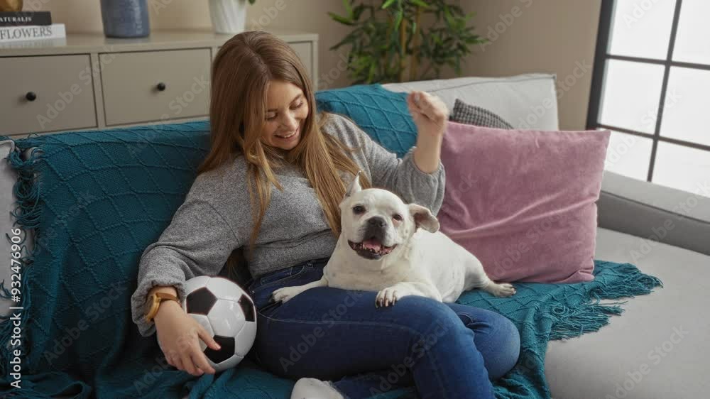 A young woman with blonde hair sits on a couch in a living room, holding a soccer ball and cuddling a white dog. A young woman with blonde hair sits on a couch in a living room, holding a soccer ball and cuddling a white dog.