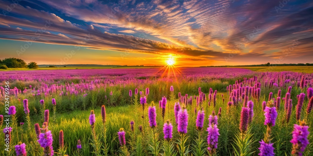 Naklejka premium Sunset over the vibrant midwest prairie with blooming native blazing star wildflowers, sunset, midwest, prairie