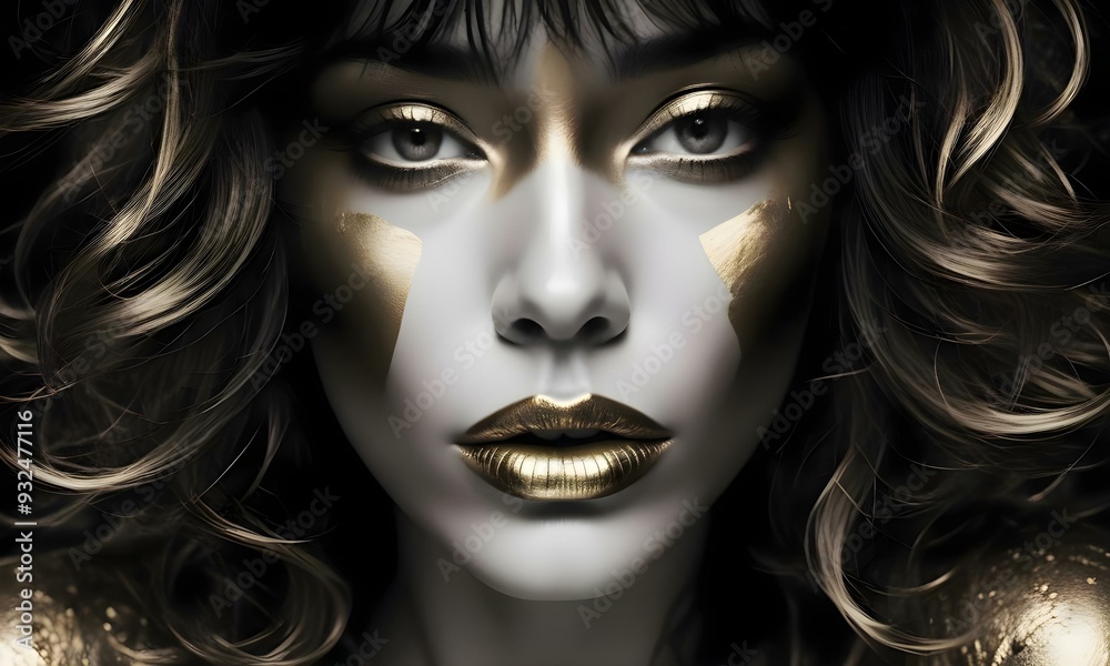 A close-up portrait of a young woman with dark skin , full lips painted in gold , and dramatic eye makeup .
